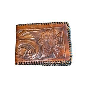 Vintage Leather Bifold Wallet Western Flowers Cowhide Lining Made In Mexico